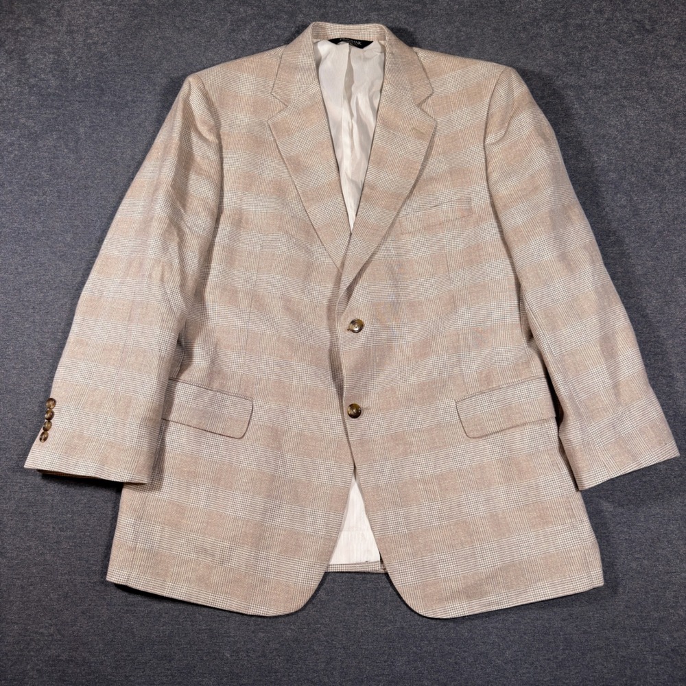 Jos. A. Bank Blazer Mens 44R Beige Glen Plaid Linen Wool Monterrey Sport Coat